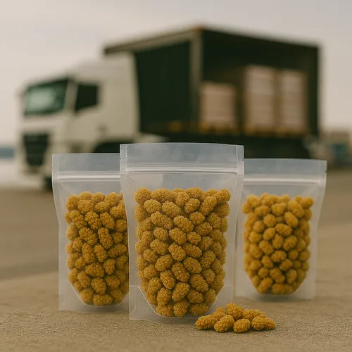 Pallets of bulk cartons containing dried mulberries in a warehouse