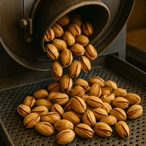 Roasted pistachios spilling from roaster